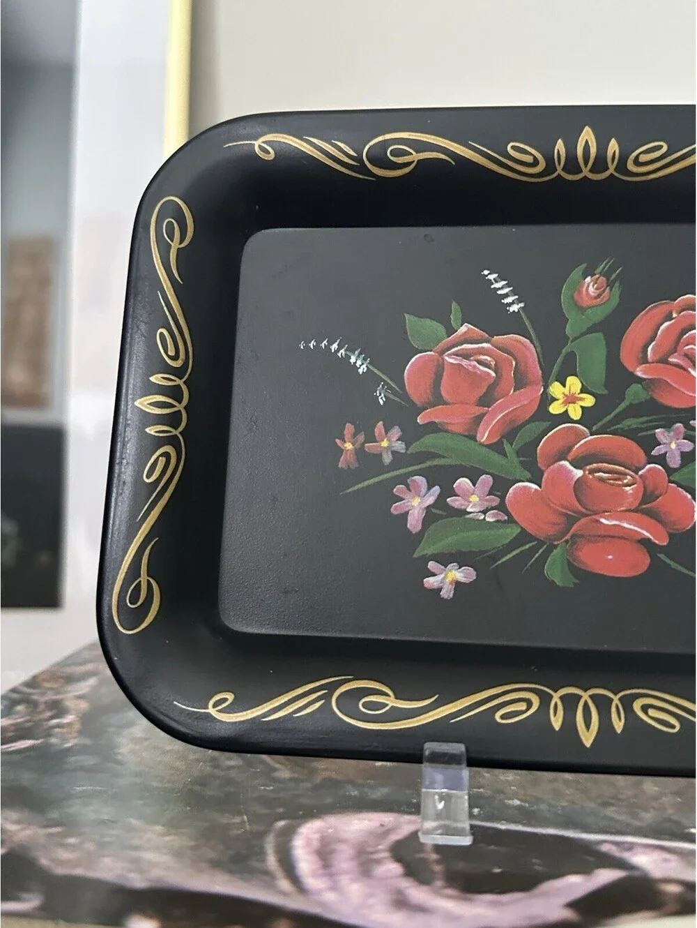 Vintage Black Metal Rectangular Hand Painted Red Roses Floral Tray 7”x4.5”
